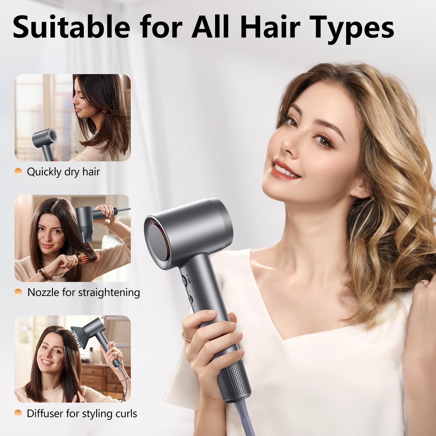 Alloom hair dryer kit includes diffuser and nozzle for home use