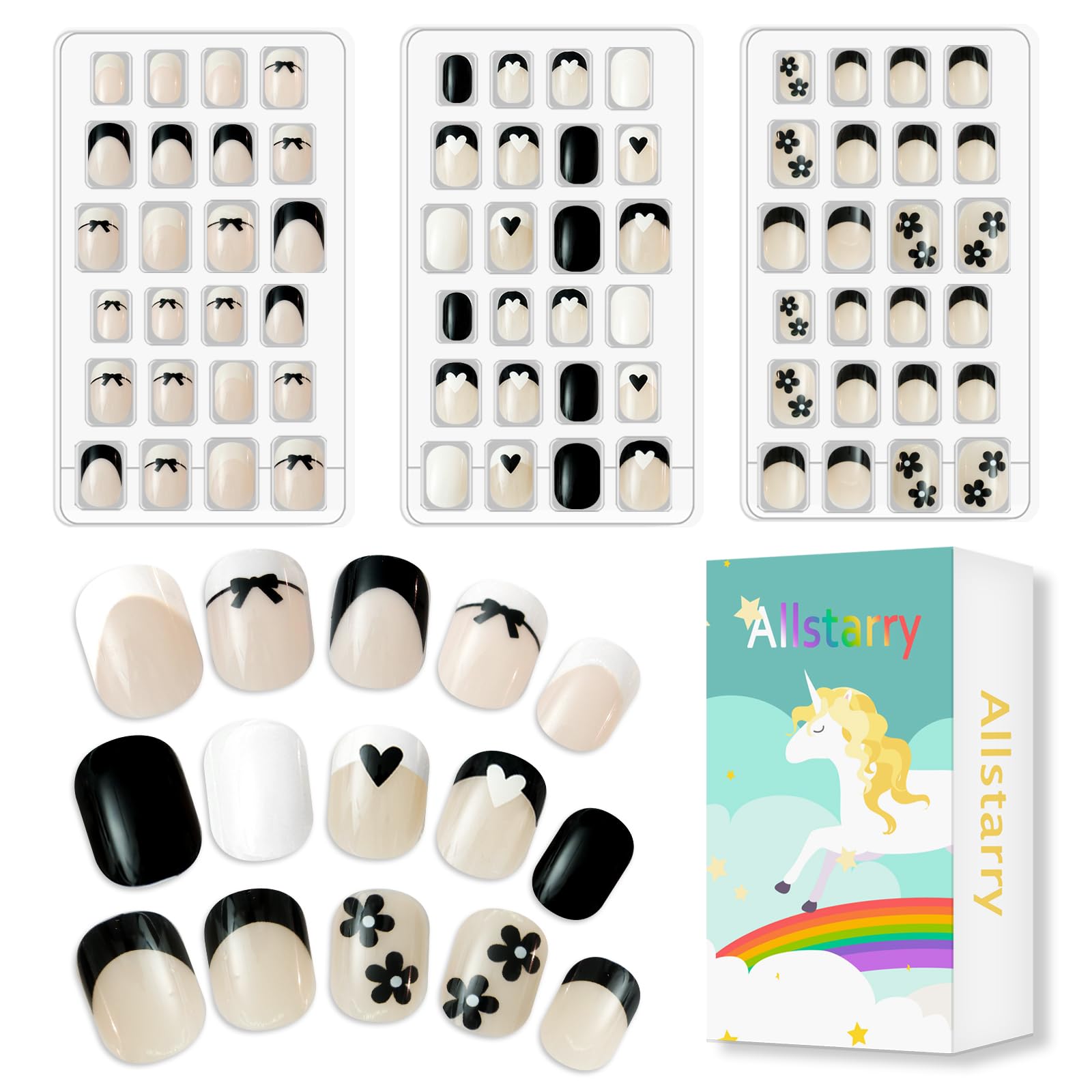 Allstarry 72 piezas uñas niñas frances corto: aplicación rápida y limpia en casa.