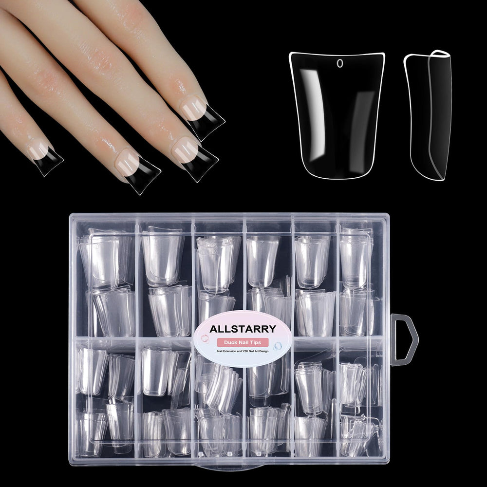 Allstarry Duck Nail Tips con cobertura completa transparente para uñas largas y diseños claros.