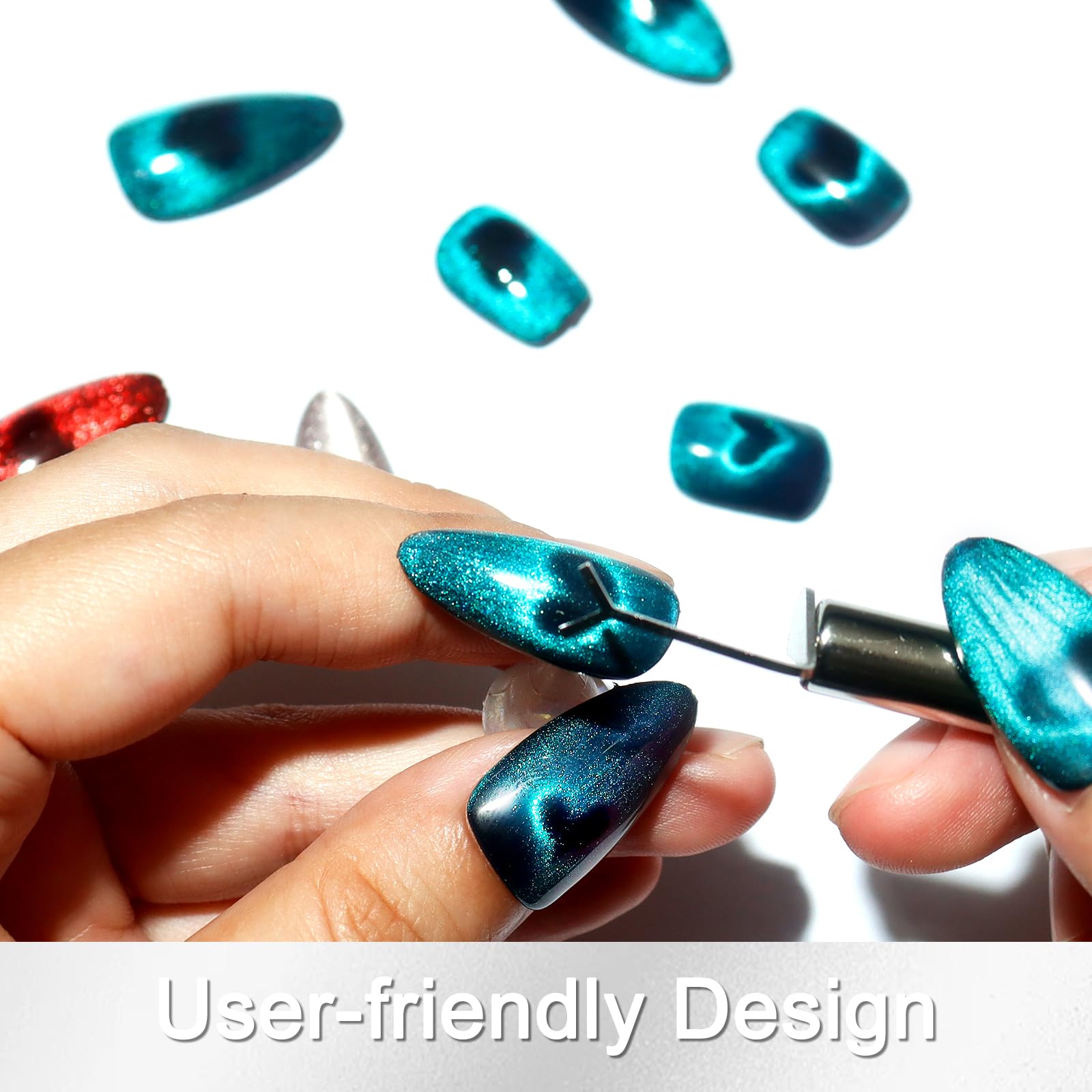 Allstarry Heart Cat Eye Magnet shown in a portable travel case for on-the-go nail art.