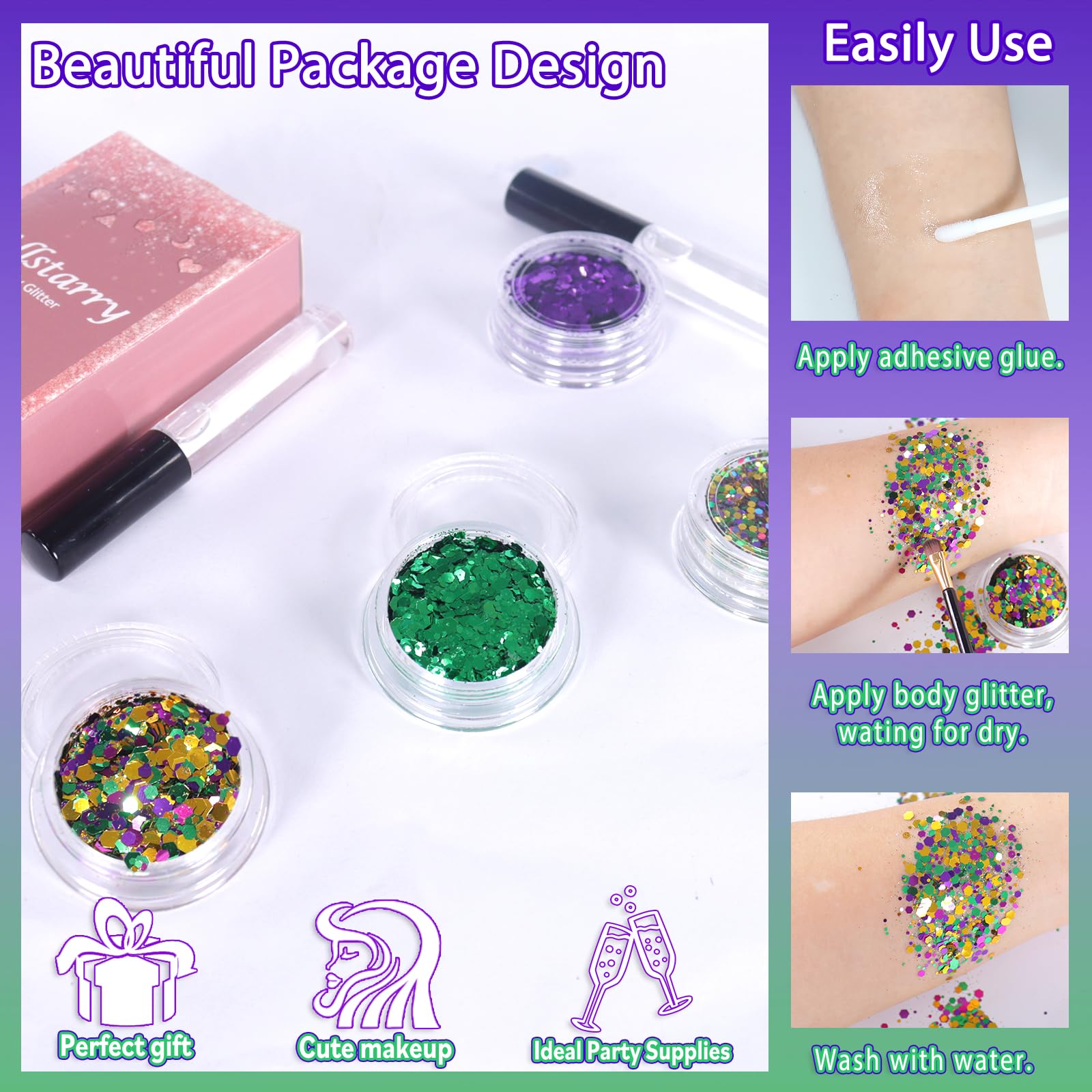 Allstarry Mardi Gras glitter on hair for shimmering party look.
