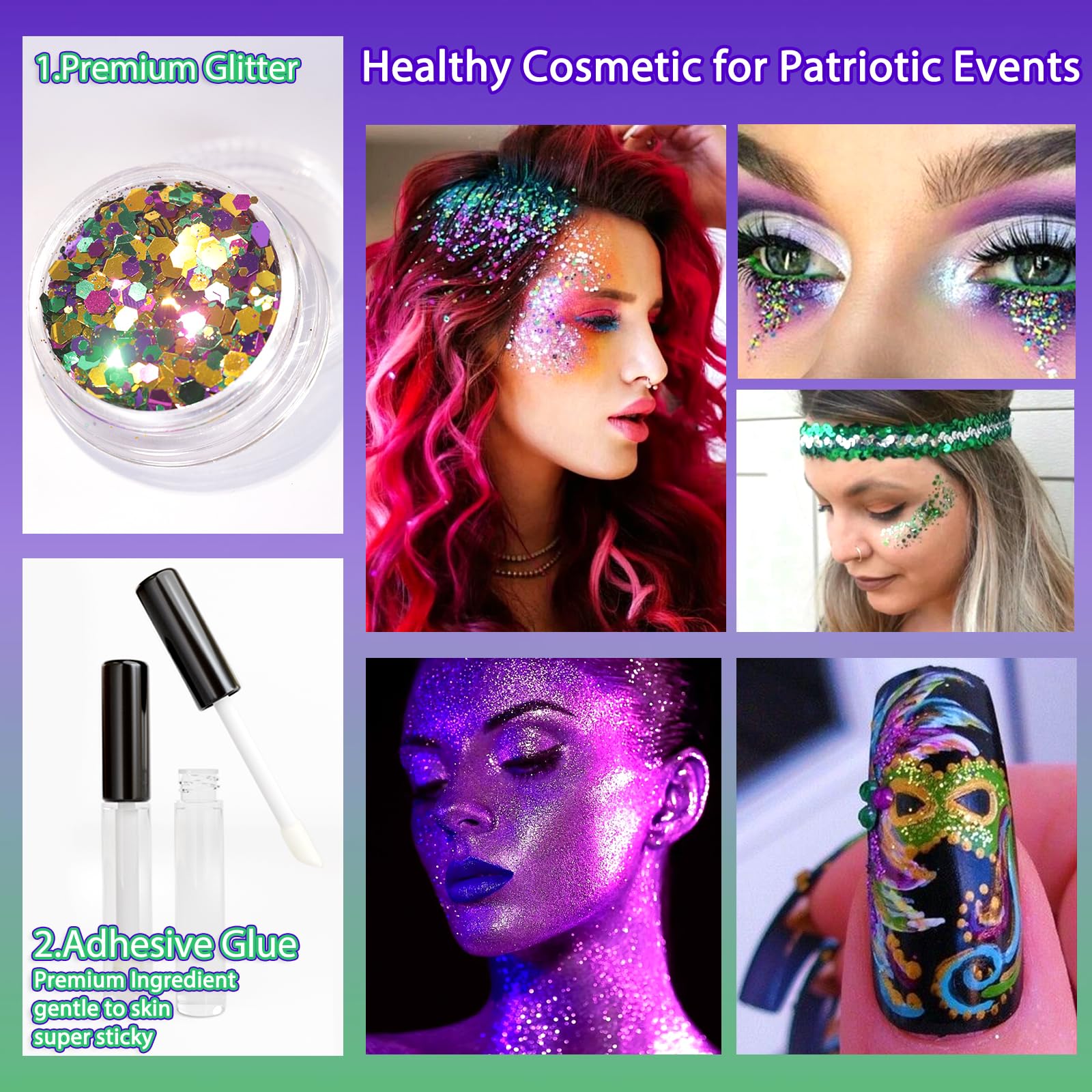 Allstarry Mardi Gras glitter on face cheek for festive makeup.
