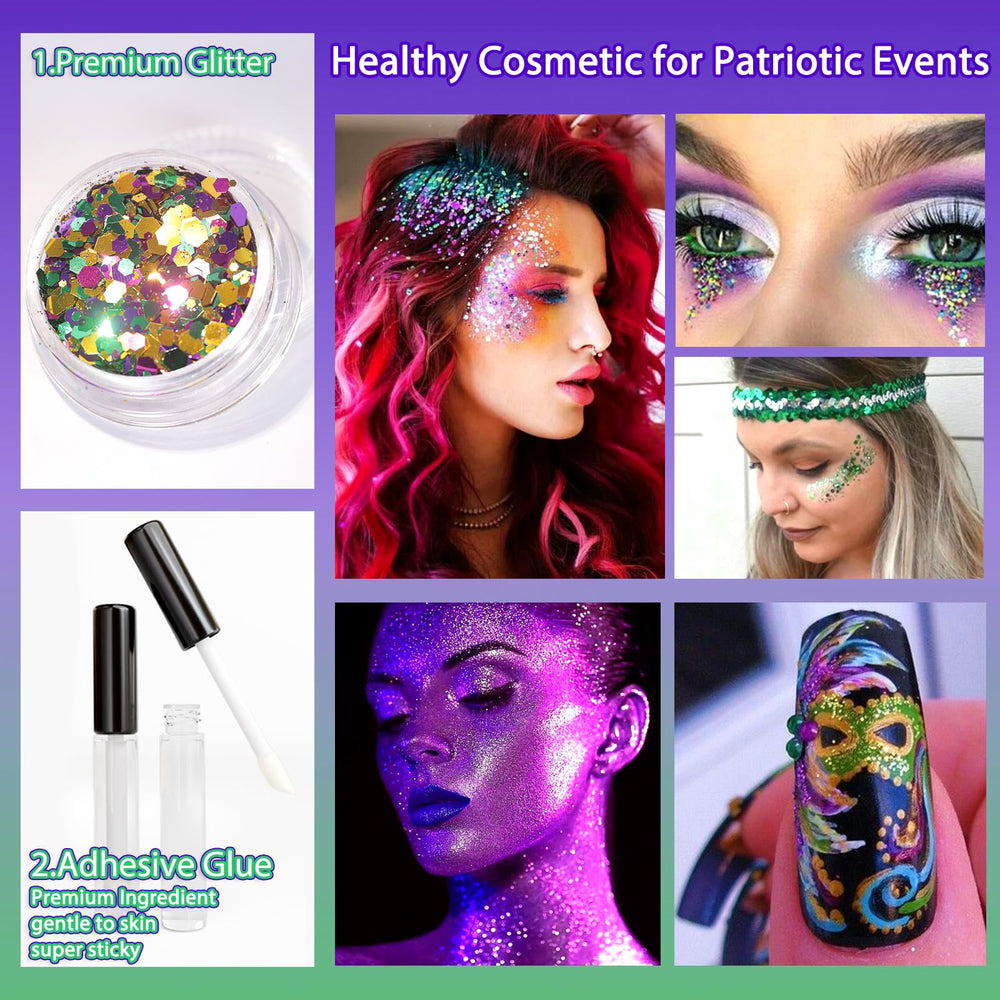 Allstarry Mardi Gras glitter on face cheek for festive makeup.