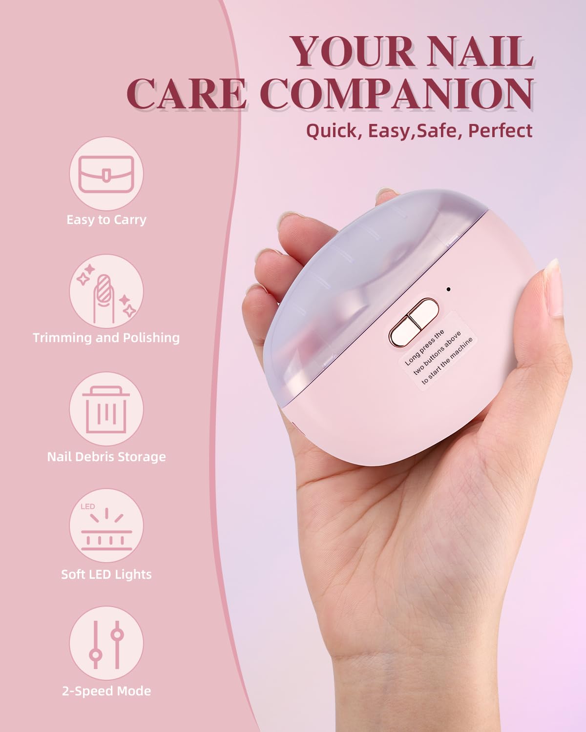 Allyplay two-speed nail clipper enables gentle trimming and polishing at home.