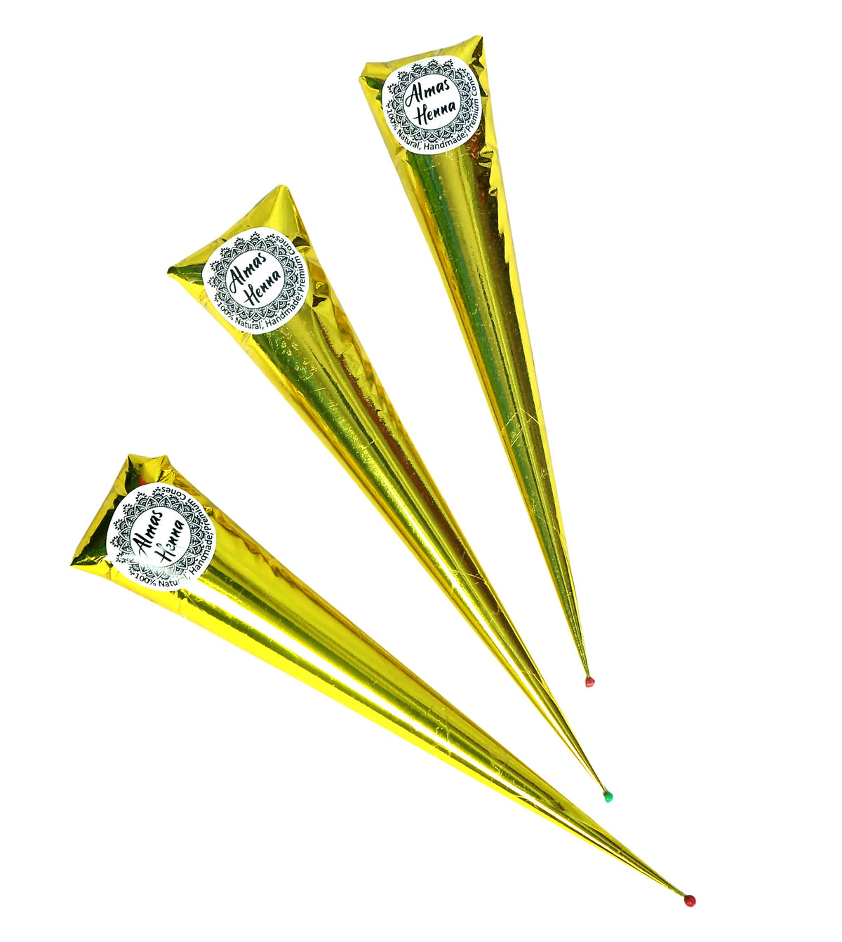 ALMAS Henna Cones 3-Pack packaging shows ready-to-use paste for convenient hair coloring.