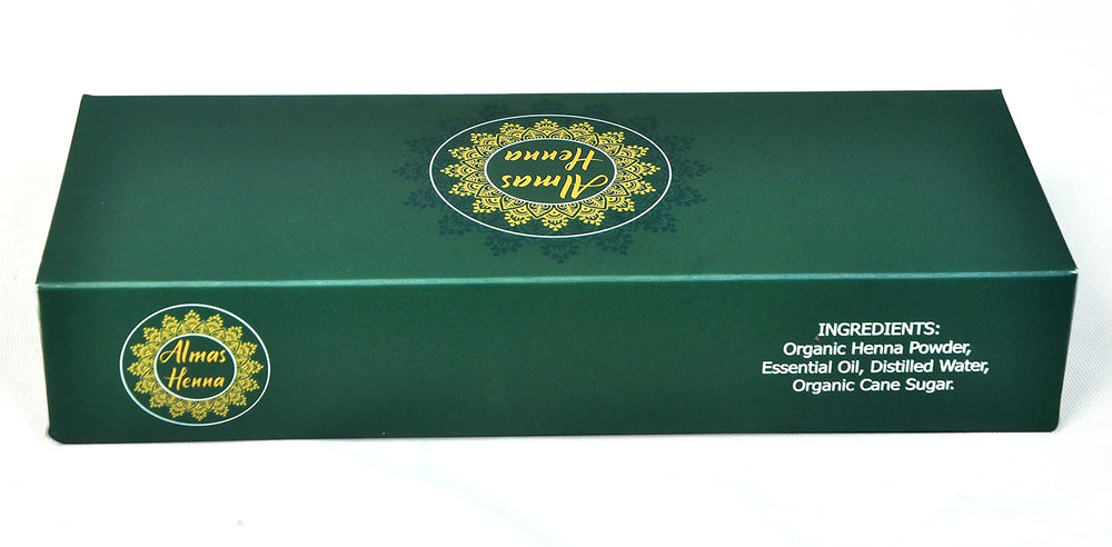 ALMAS Henna paste 30g tubes demonstrates natural reddish-brown color development.