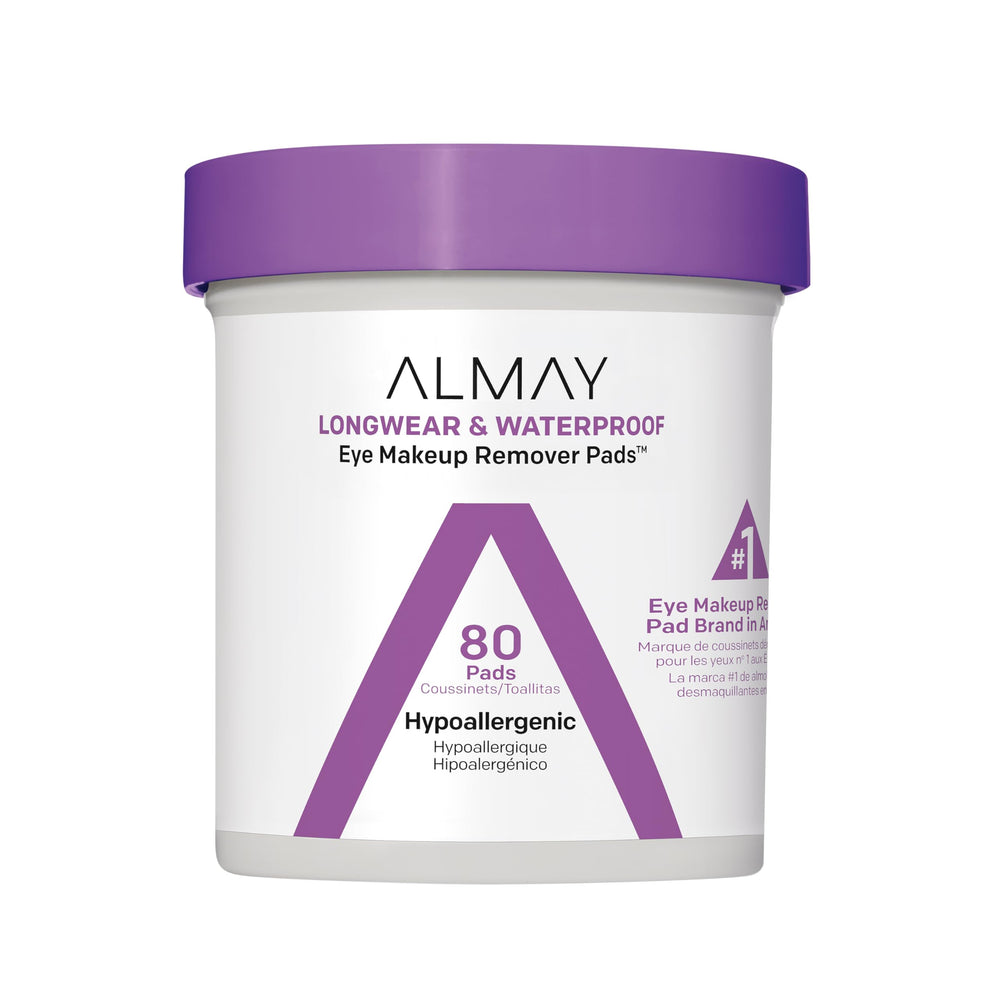 Almay biodegradable eye makeup remover pad close-up, gentle for sensitive eyes.