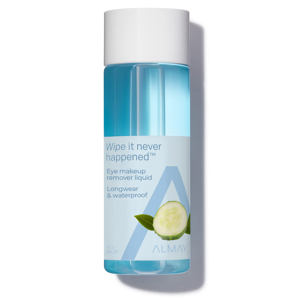 Almay Eye Makeup Remover liquid bottle closeup, gentle cleansing for sensitive eyes.