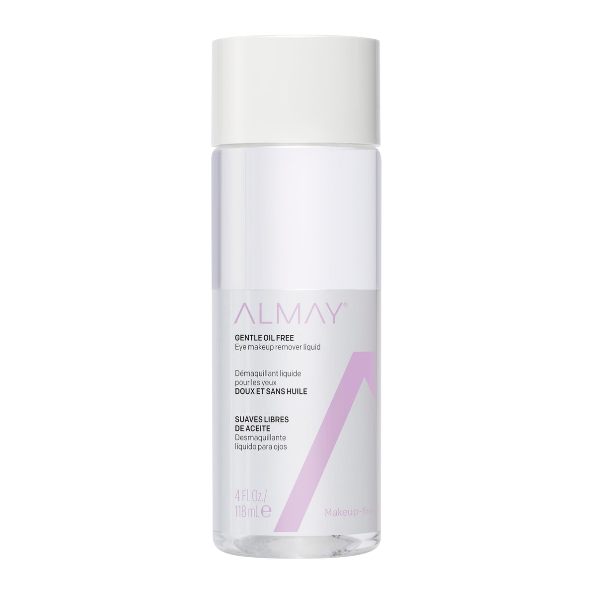 Almay Eye Makeup Remover Liquid bottle highlights the oil-free formula for sensitive eyes.