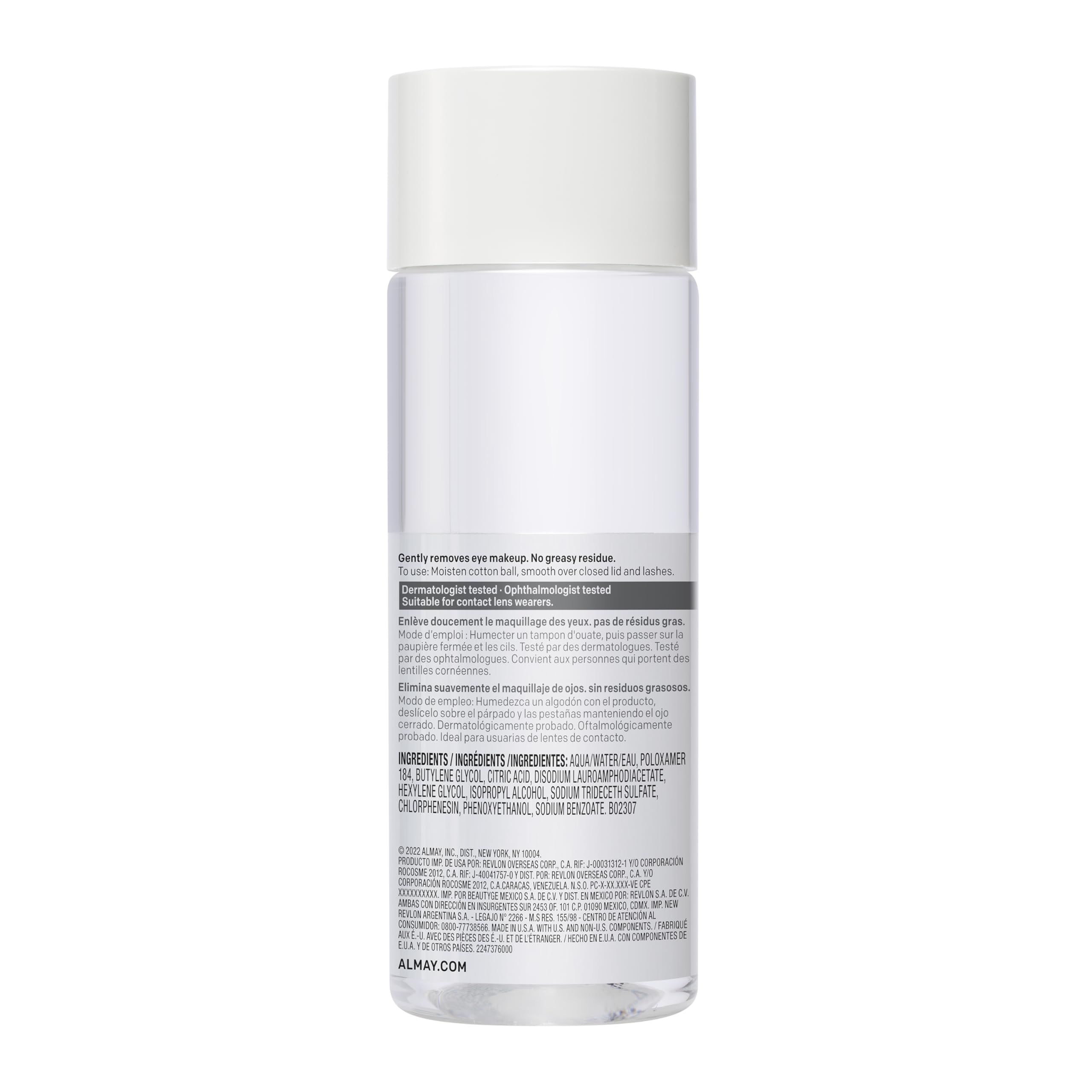 Almay Eye Makeup Remover Liquid packaging showcases dermatologist tested and ophthalmologist approved claims.
