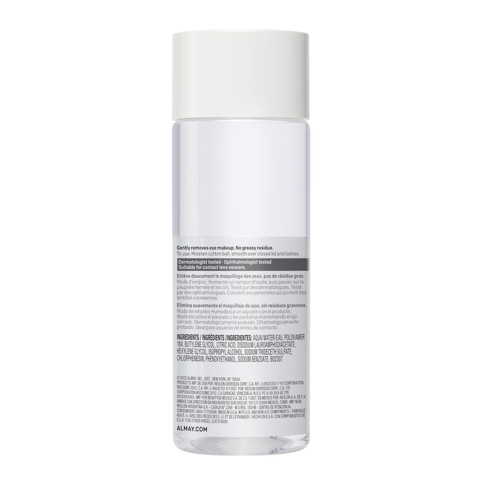 Almay Eye Makeup Remover Liquid packaging showcases dermatologist tested and ophthalmologist approved claims.