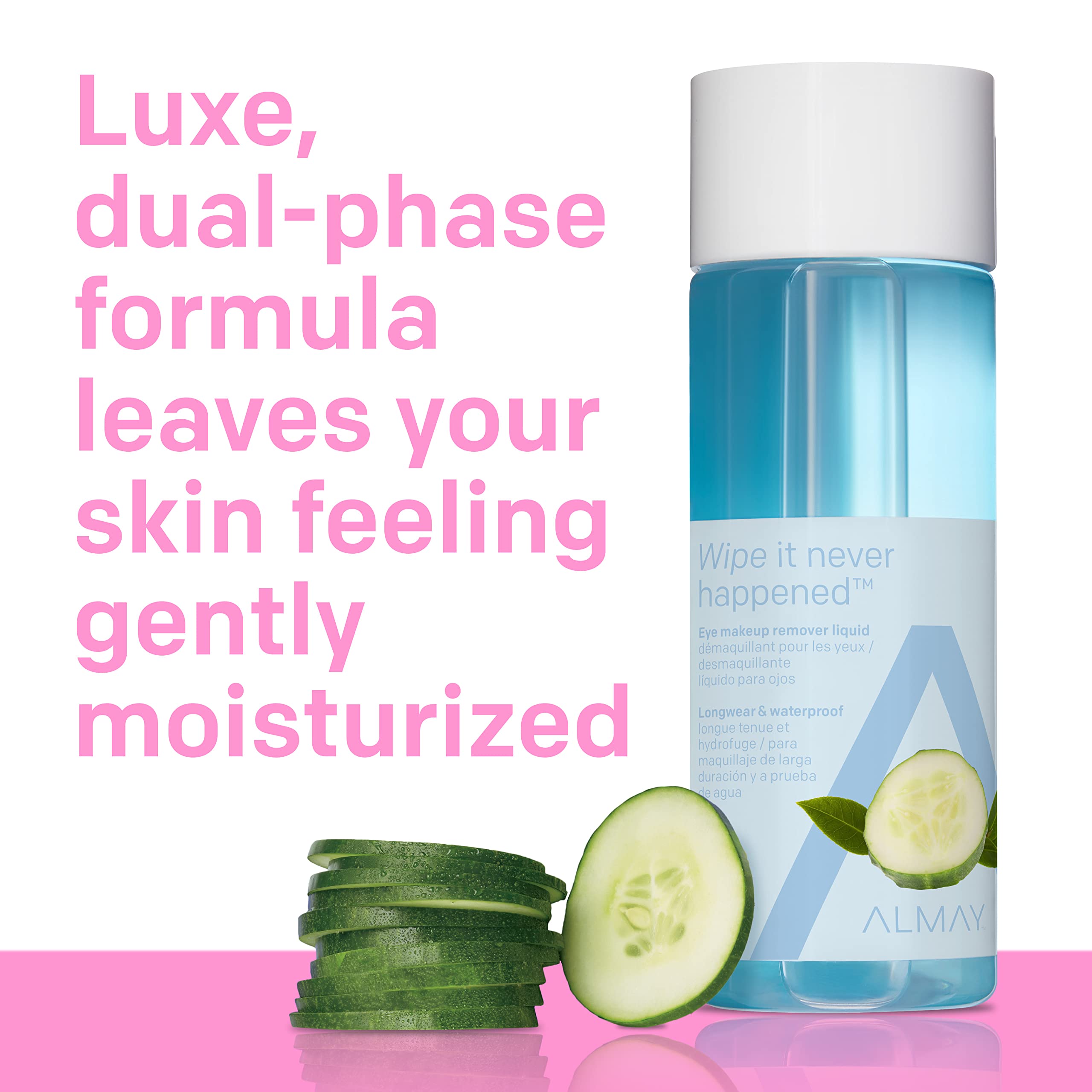 Almay Eye Makeup Remover liquid pump bottle on soft morning light.