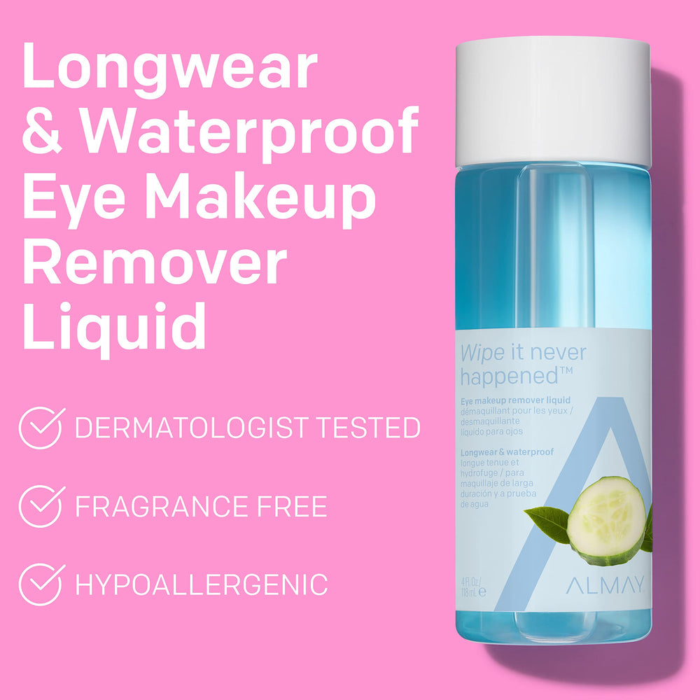 Almay Eye Makeup Remover liquid swirl dissolves waterproof mascara effectively.