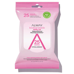 Almay makeup remover towelettes packaging highlighting biodegradable micellar water wipes for gentle cleansing.