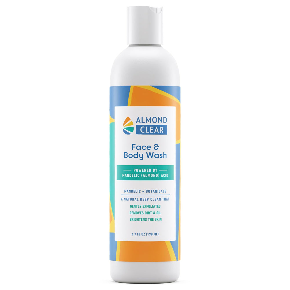 Almond Clear bottle pour — daily cleansing for face and body.