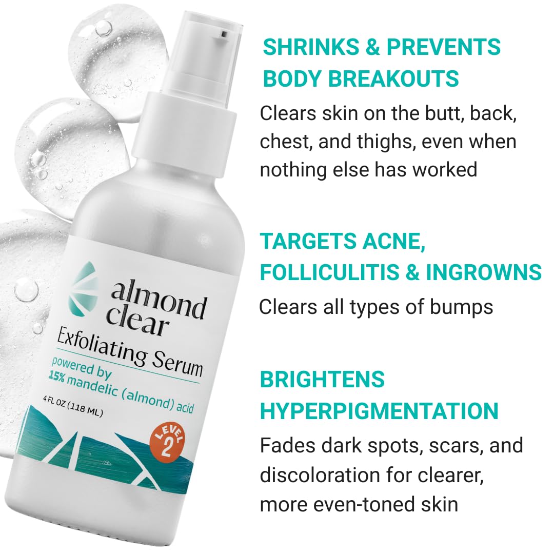 Almond Clear Level 2 Serum pump dispenser visible for easy spill-proof application.