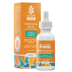 Almond Clear bottle close-up highlighting Mandelic acid for healthier-looking pores