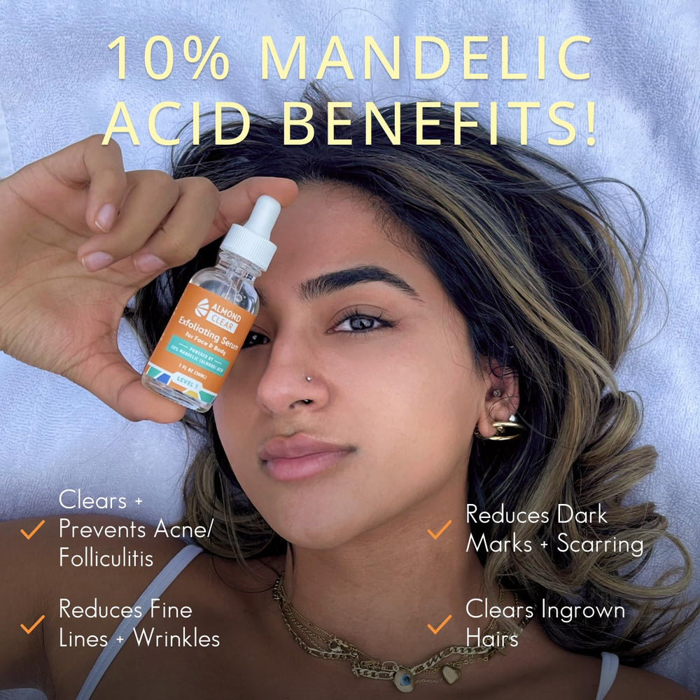 Almond Clear serum application on face demonstrating gentle exfoliation