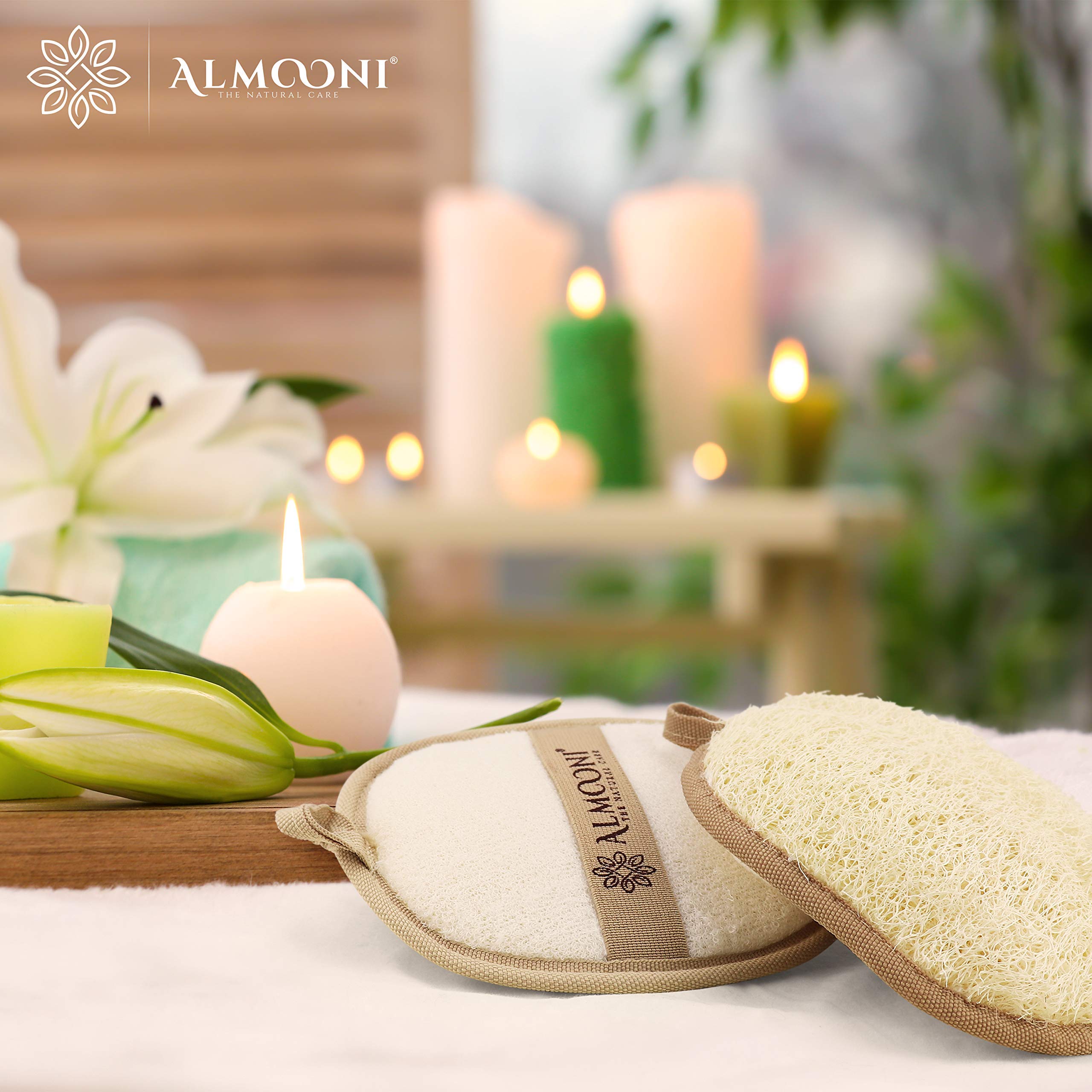 ALMOONI loofah sponge close-up shows natural fiber texture