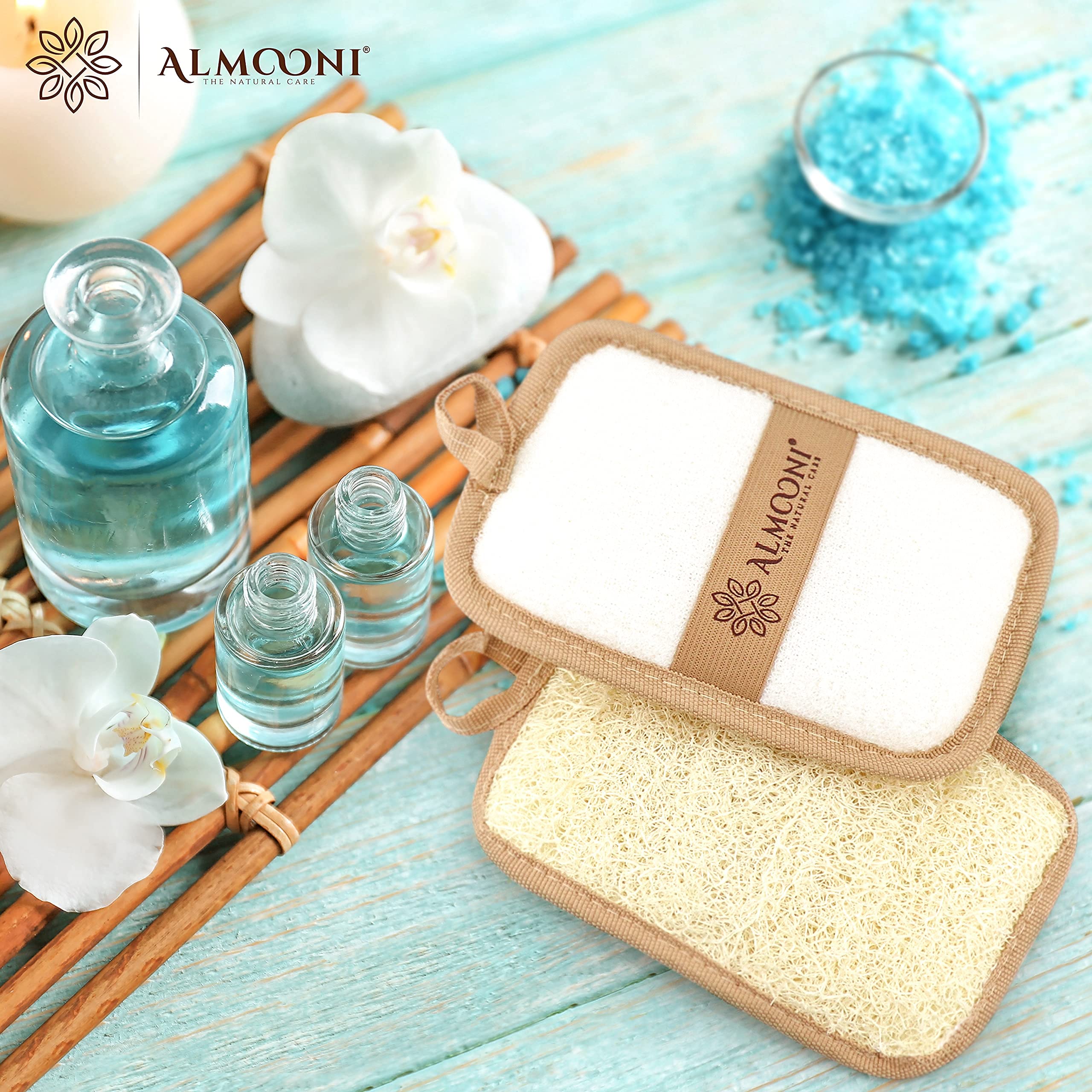 ALMOONI lufa exfoliante, dos-en-un ahorro de productos y piel más limpia.