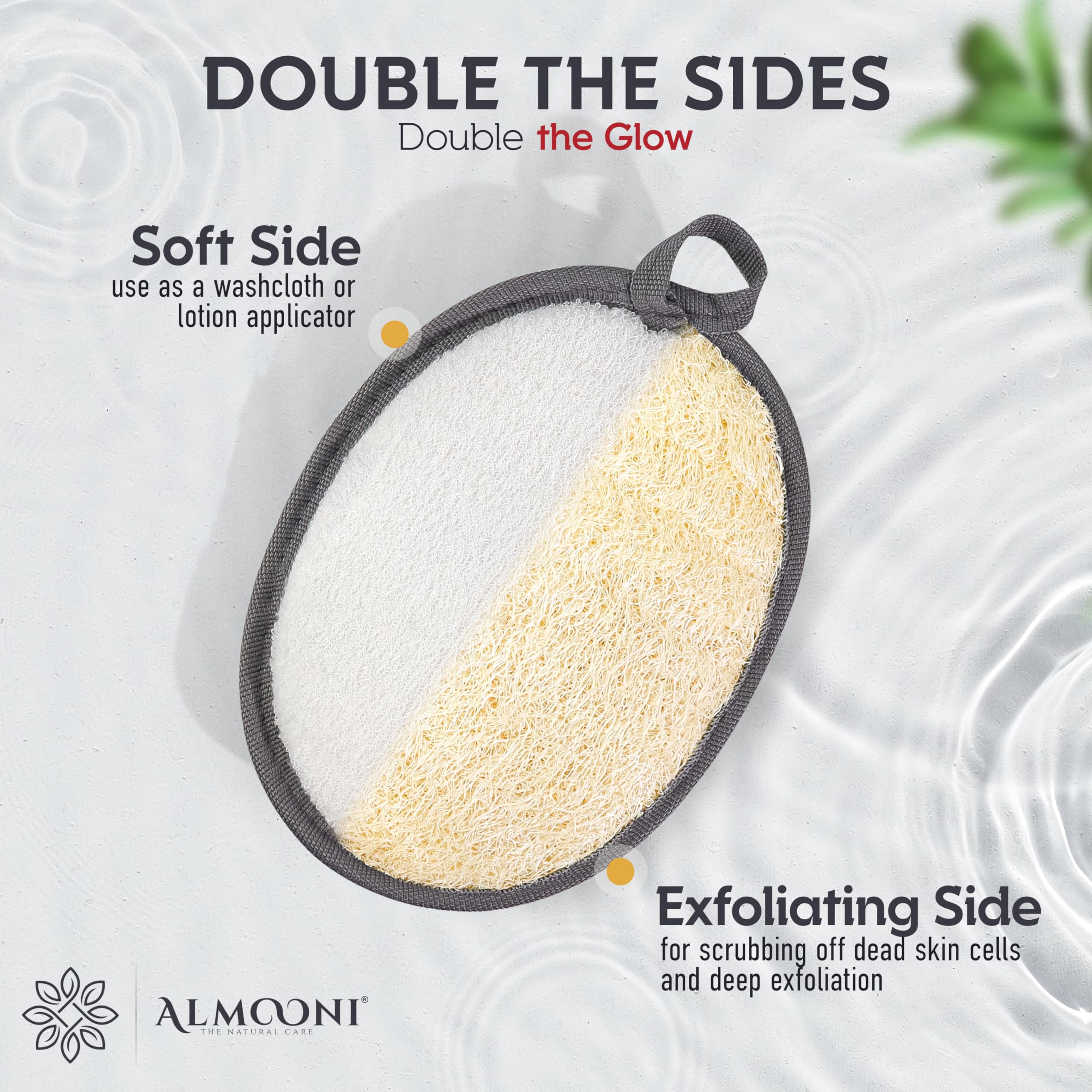ALMOONI lufa exfoliante dorso: elimina aceites y suciedad con delicadeza.