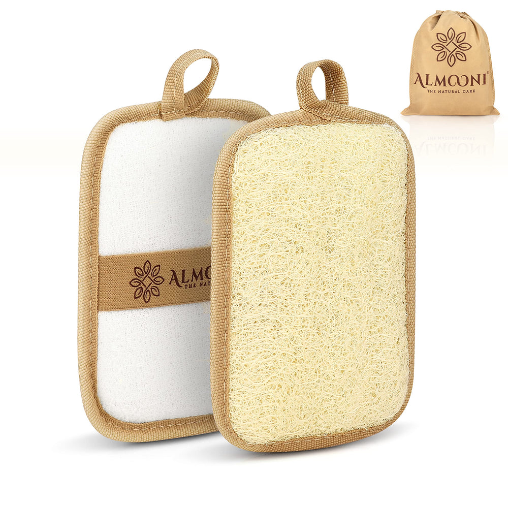 ALMOONI lufa exfoliante rectangular, paquete de dos, limpieza suave y eficaz.