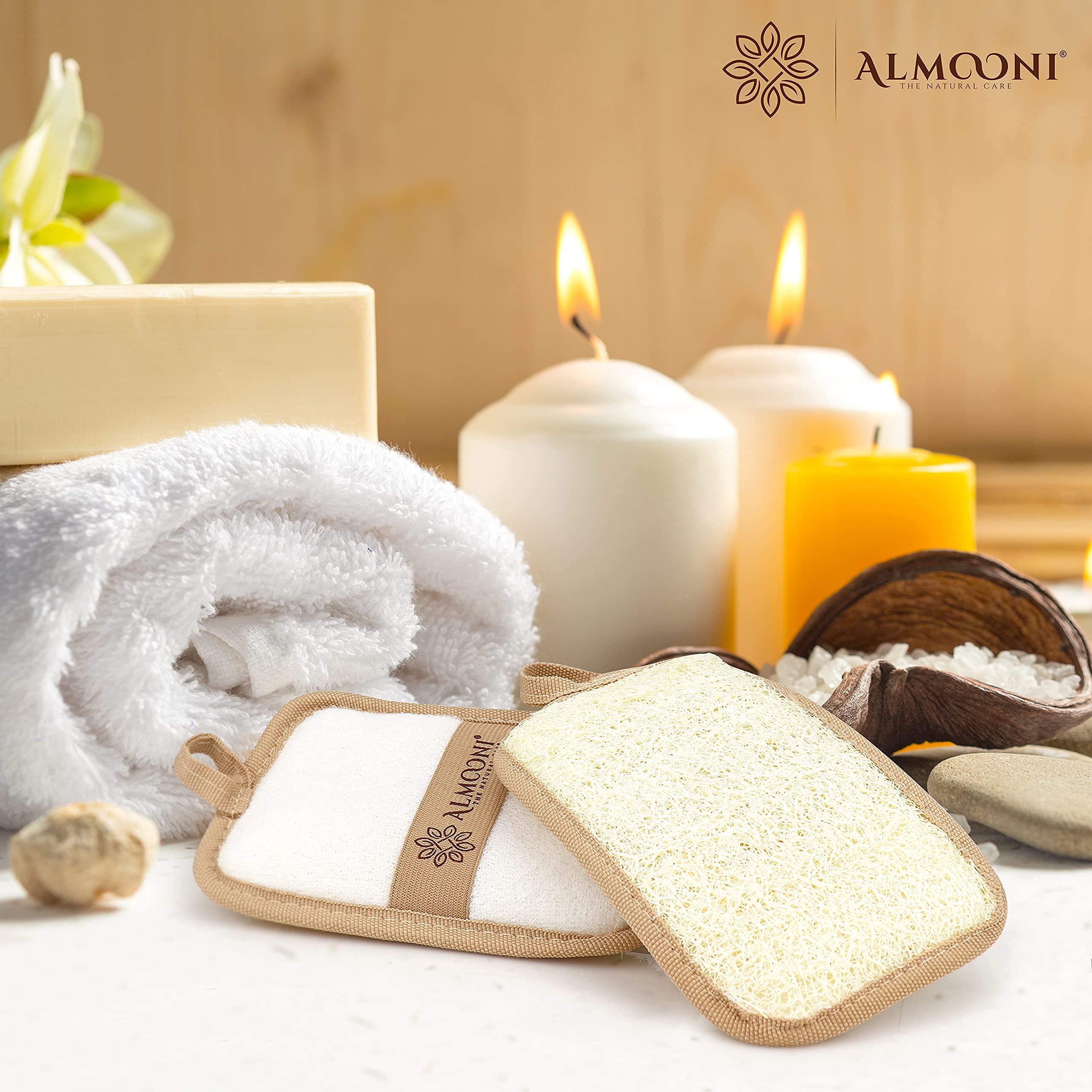 ALMOONI lufa flexible, se adapta al contorno corporal para exfoliación uniforme.