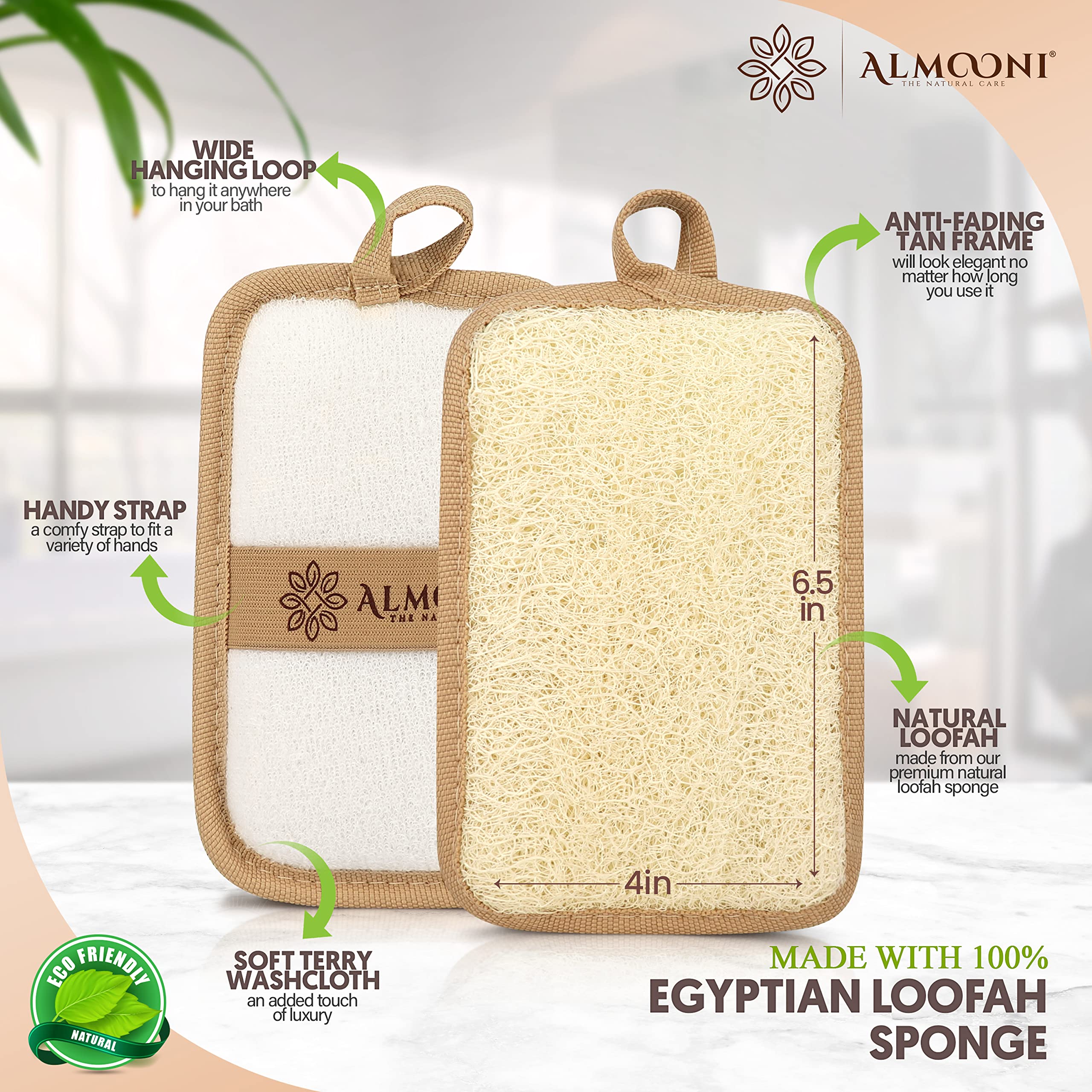 ALMOONI lufa exfoliante, textura suave que remueve células muertas para una piel más luminosa.