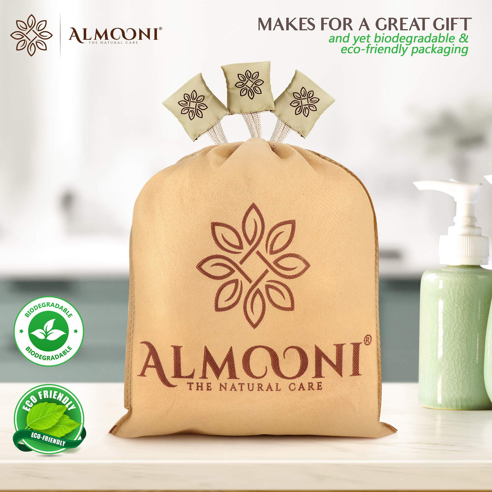 ALMOONI three-pack packaging close-up illustrating eco-friendly materials
