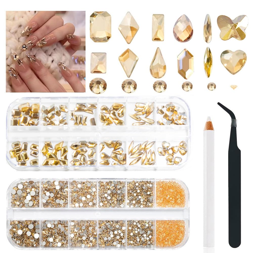 ALOCIAM piedras para uñas champagne dorado con destello brillante para decorar.