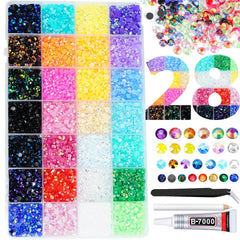 ALOCIAM rainbow resin rhinestones in a 28-grid box for colorful DIY embellishments.