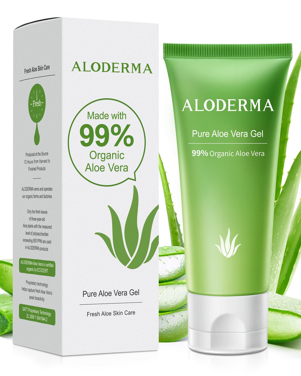 Aloderma Aloe Gel face application close-up for refreshing hydration.