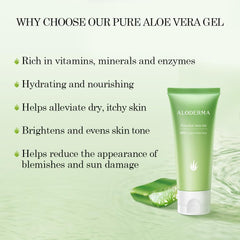 Aloderma Aloe Gel tube packaging showcasing convenient travel-friendly skincare.