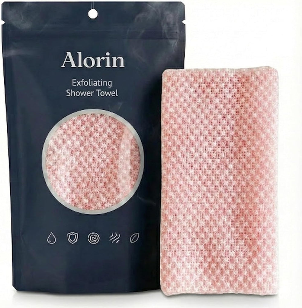 Alorin Toalla exfoliante de ducha rosa para piel más suave tras un solo uso.