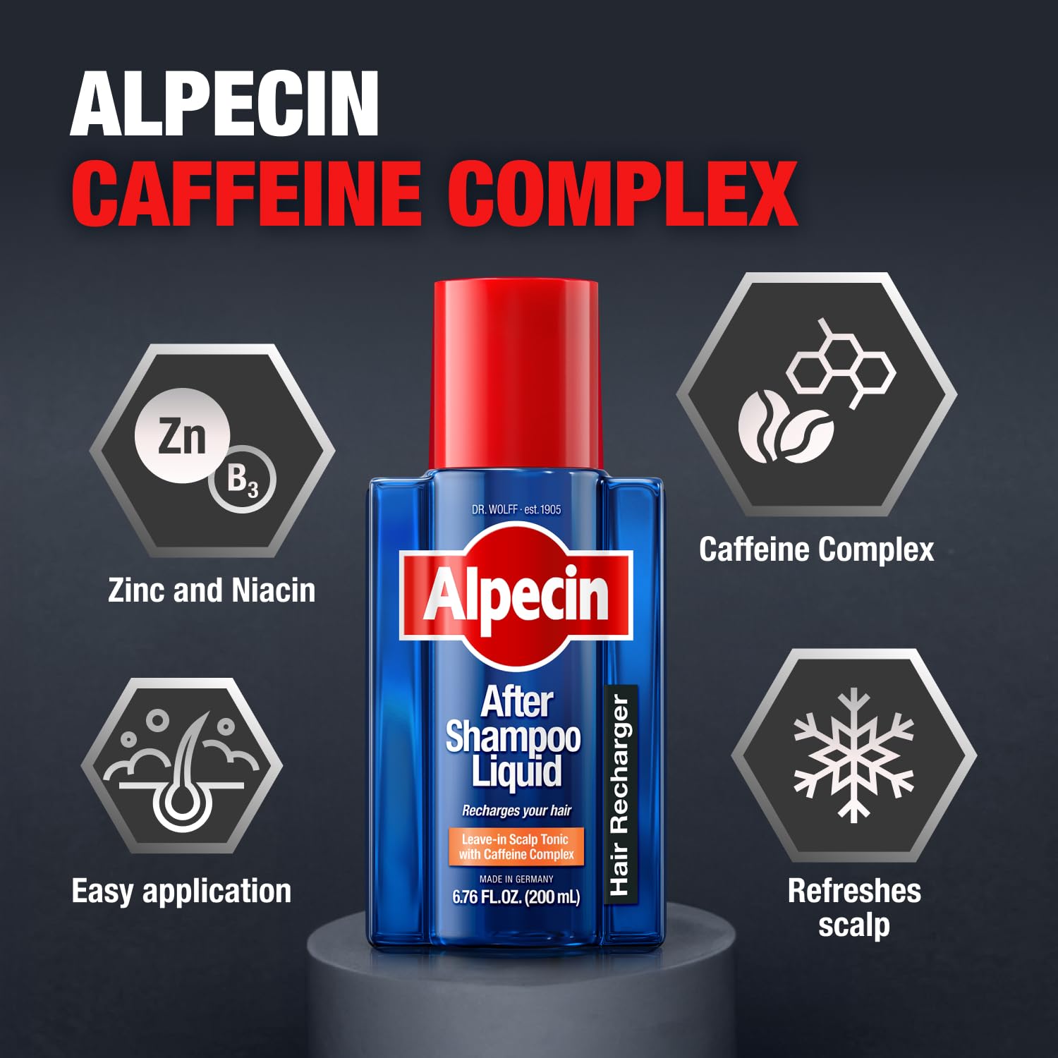 Aplicación directa de Alpecin Caféina en el cuero cabelludo para revitalizar