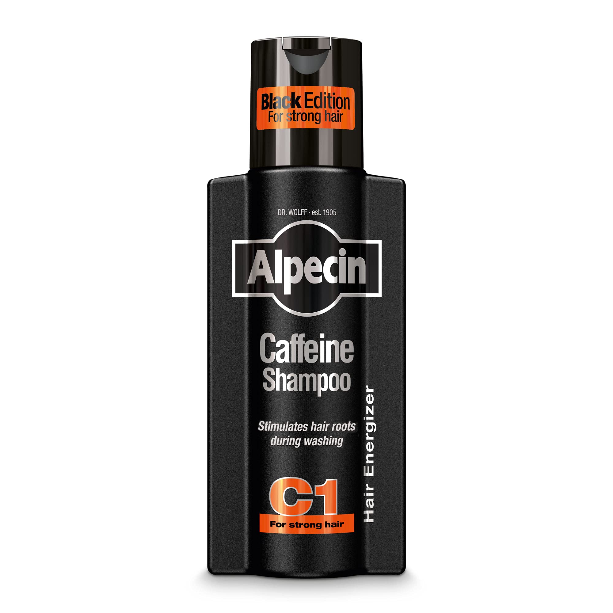 Botella de Alpecin C1 Black Edition con posible fortalecimiento de raíces.