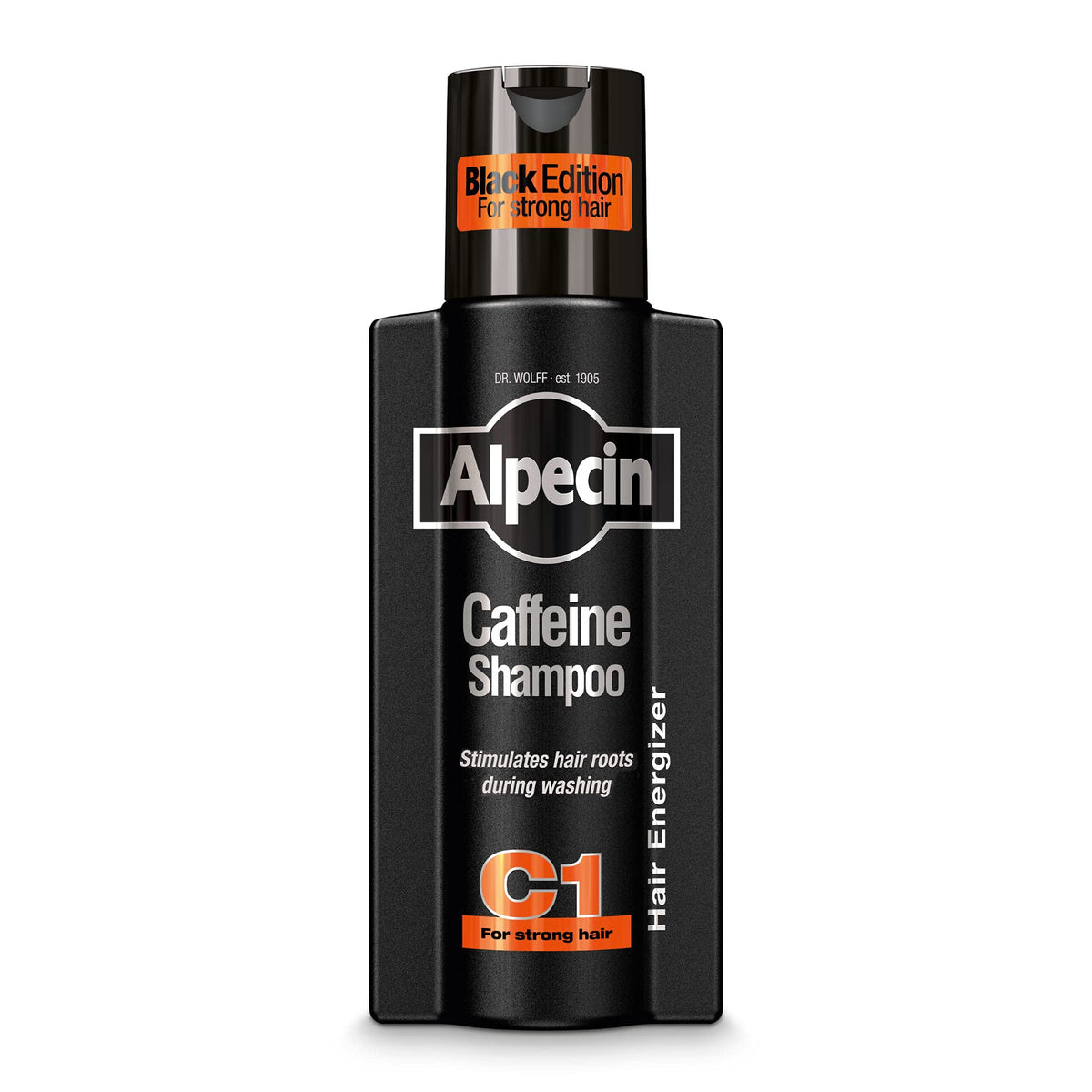 Botella de Alpecin C1 Black Edition con posible fortalecimiento de raíces.