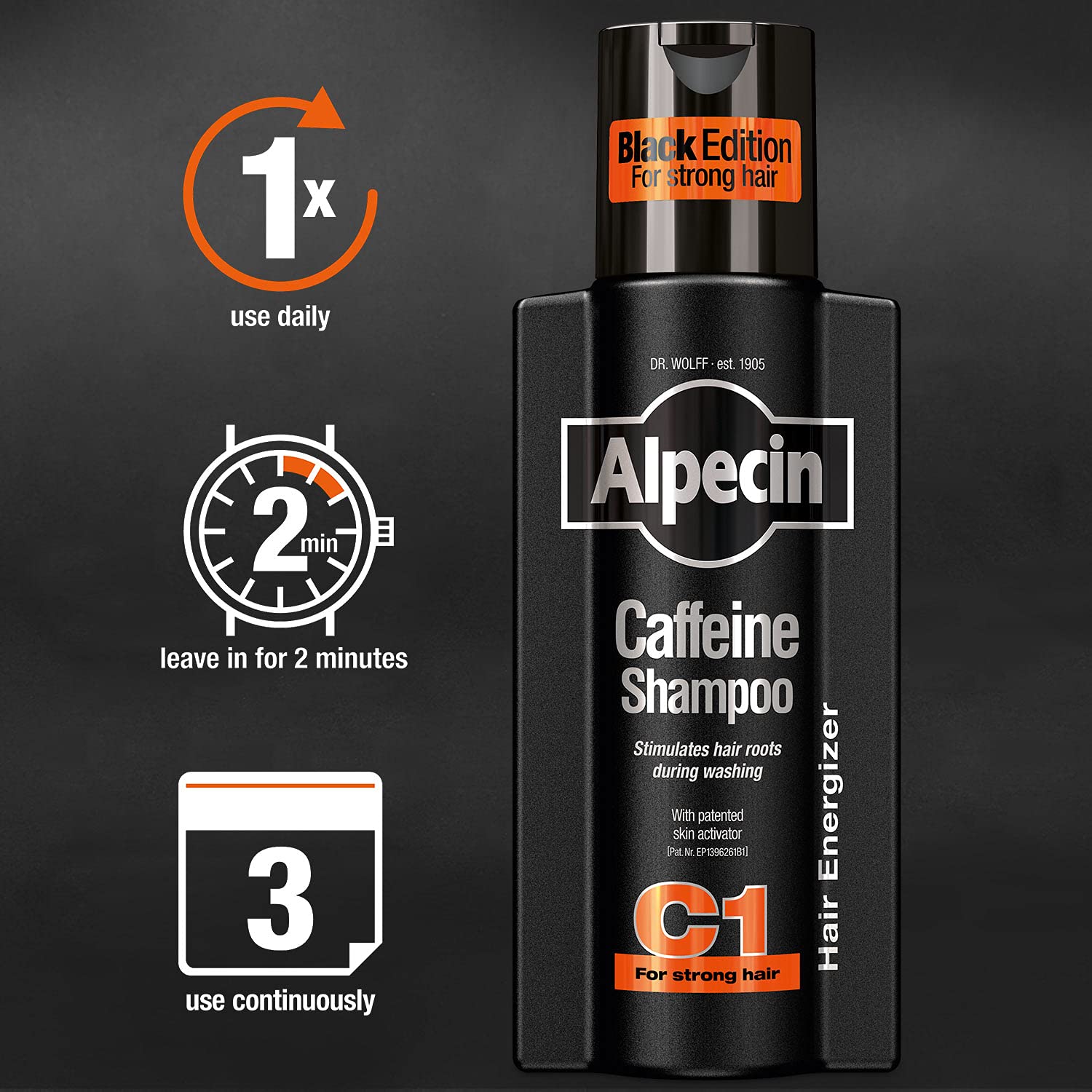 Sensación de frescura fría en el cuero cabelludo con Alpecin C1 Black Edition.