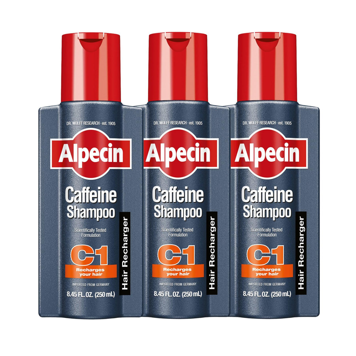 Alpecin Caffeine Shampoo bottle front for refreshed scalp and fuller look.