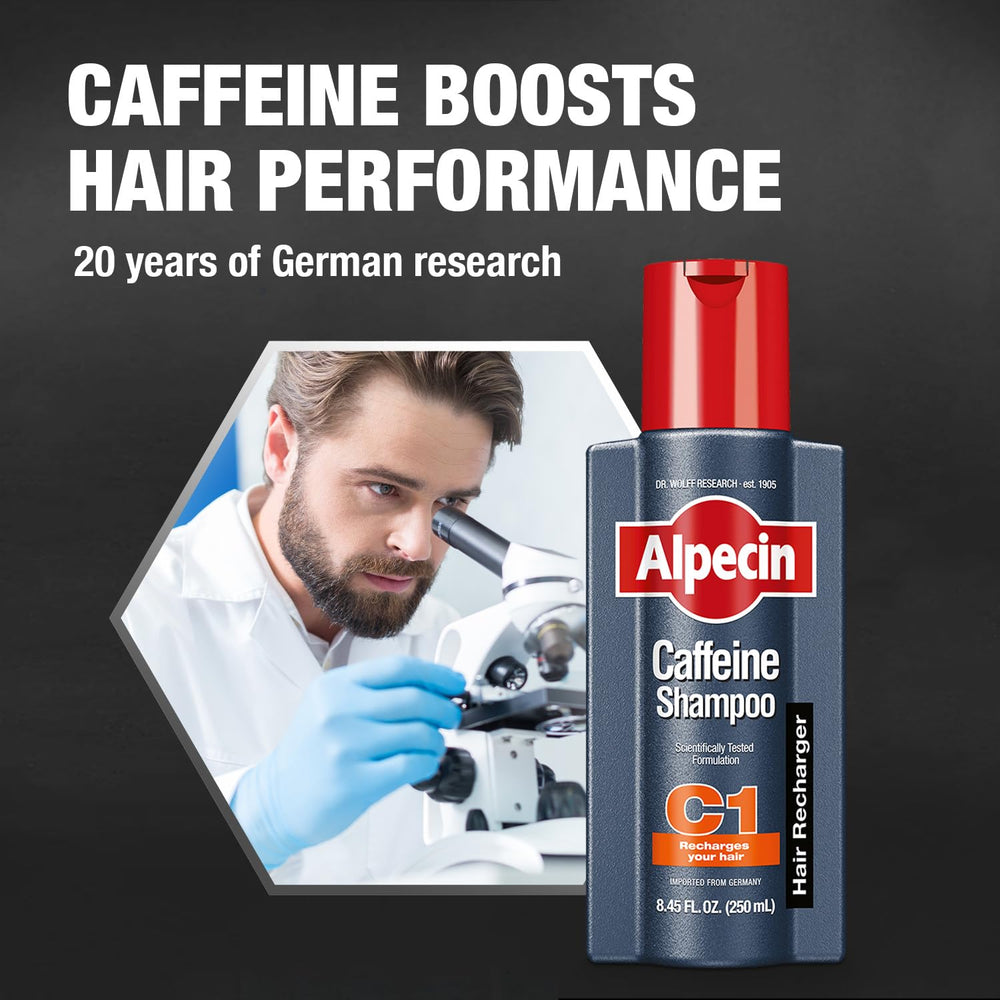 Close-up of Alpecin 3-pack packaging for daily grooming convenience.