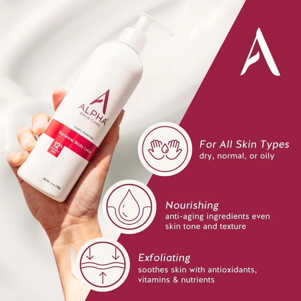 Alpha Skin Care Revitalizing Body Lotion being applied to arm for easy daily absorption.