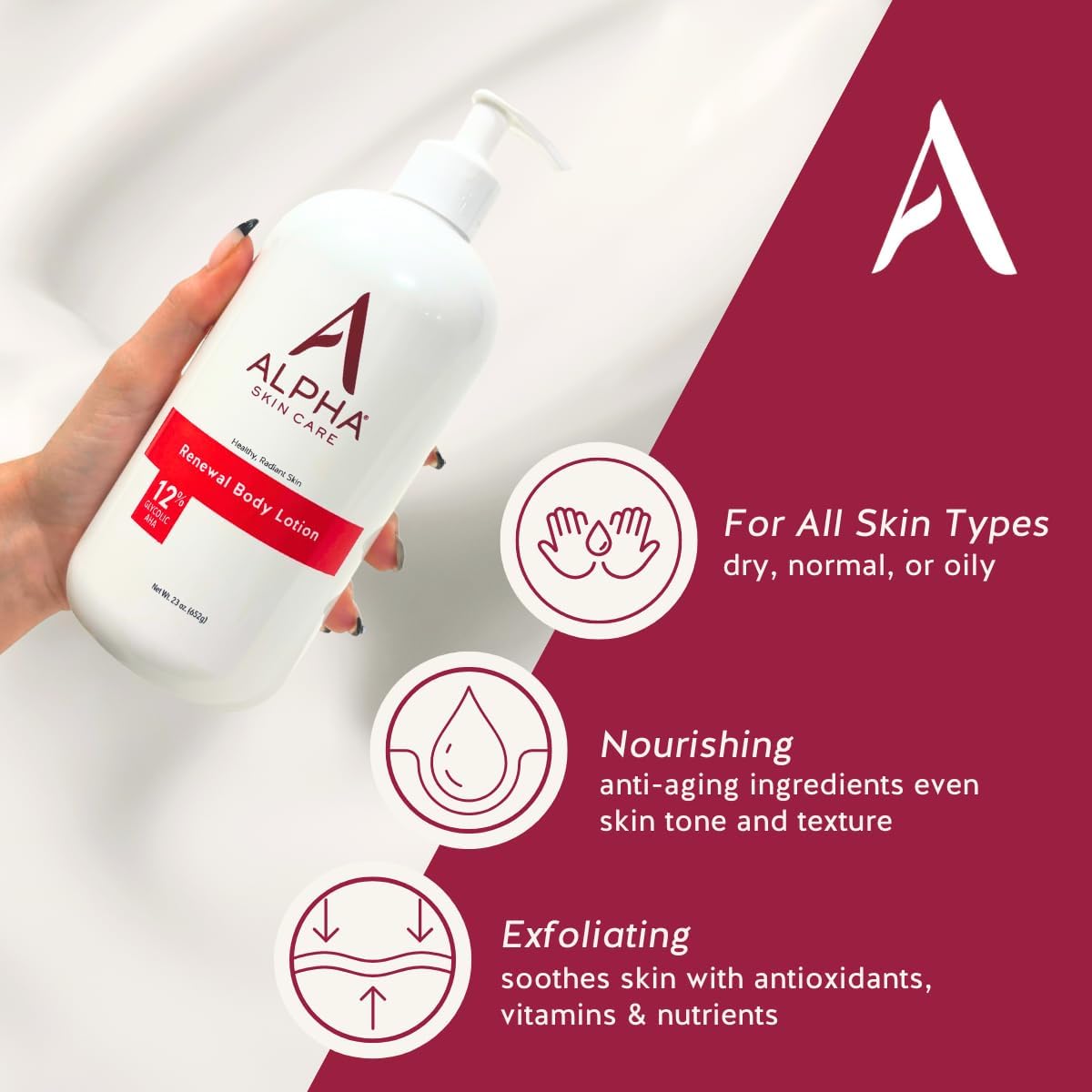 Texture close-up shows gentle exfoliation and hydration from Alpha Revitalizing Lotion.