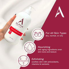 Texture close-up shows gentle exfoliation and hydration from Alpha Revitalizing Lotion.