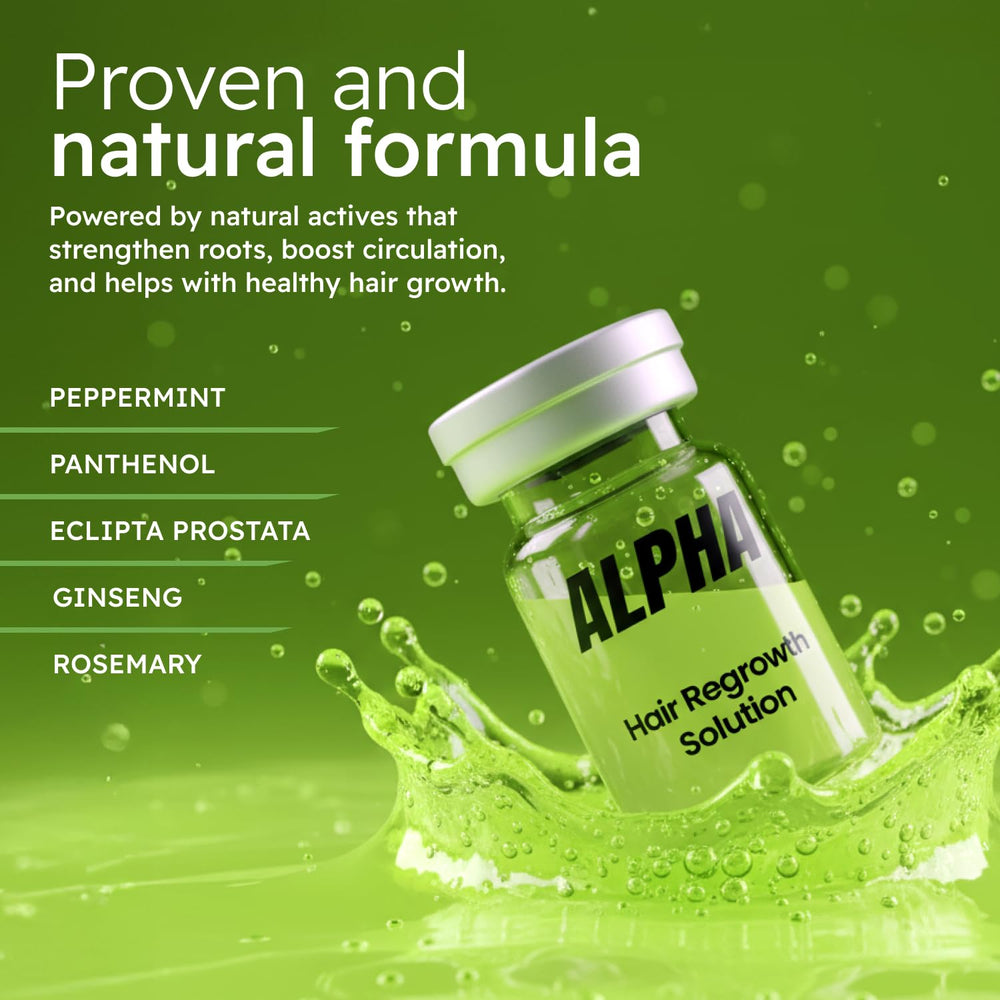 Alphainfuse serum being massaged into scalp for quick absorption.