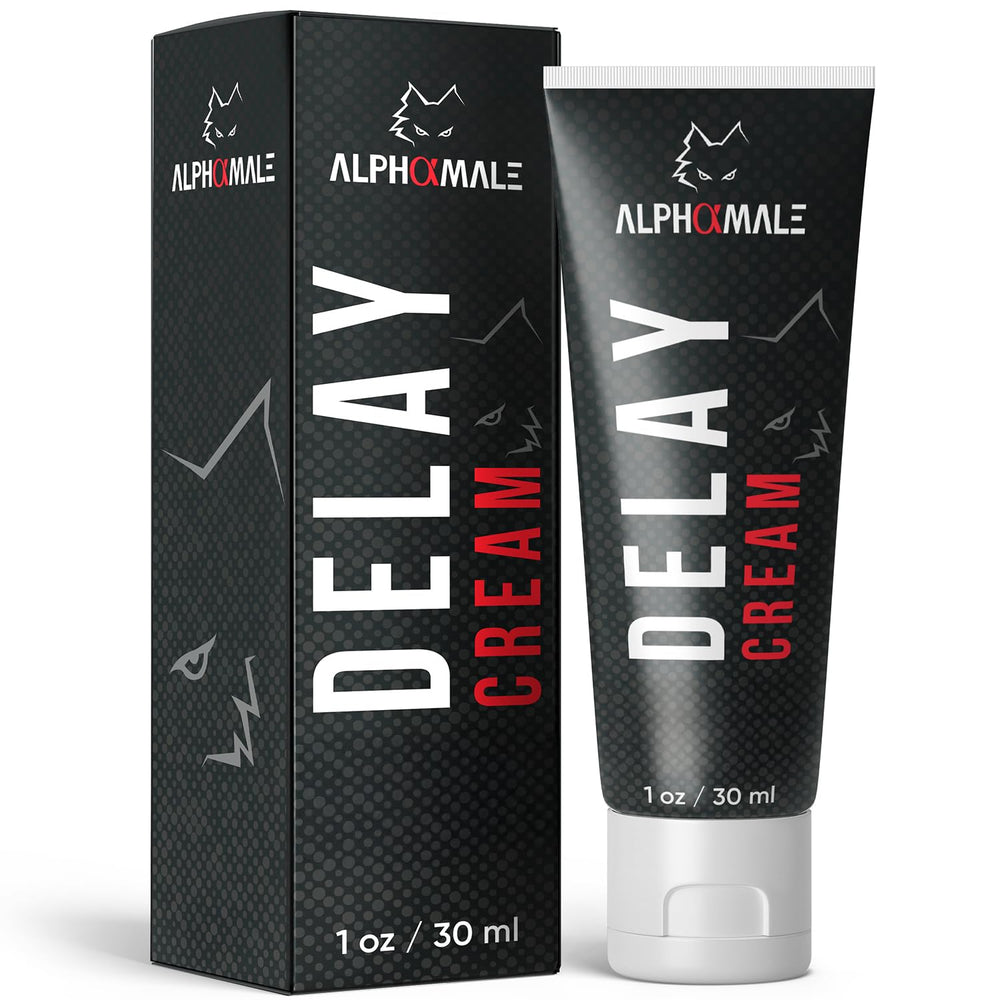 AlphaMale Crema Retrasa Premium, botella, ayuda a controlar el tiempo durante la intimidad.