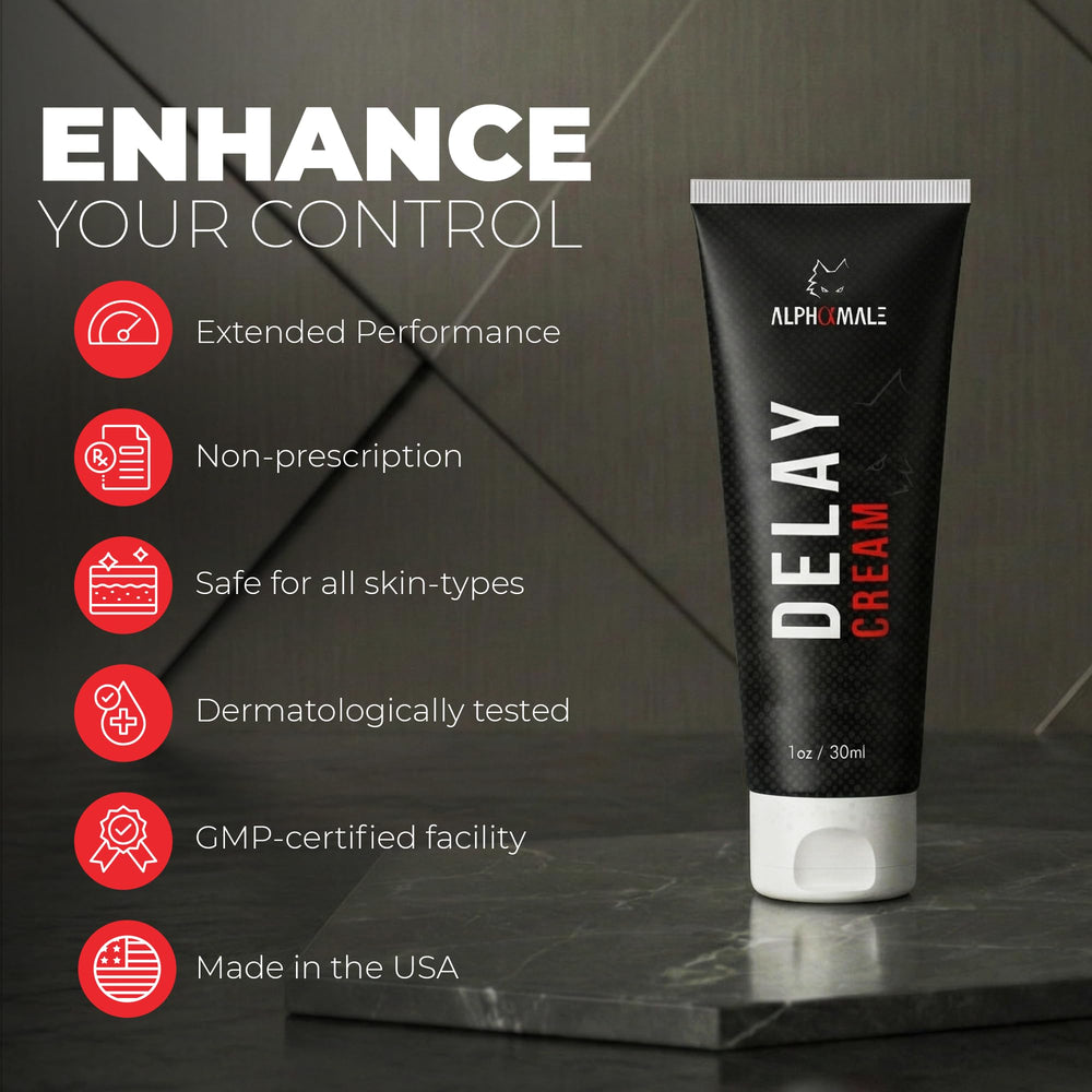 AlphaMale Crema Retrasa Premium, envase diseño, presentación compacta para llevar y usar discretamente.