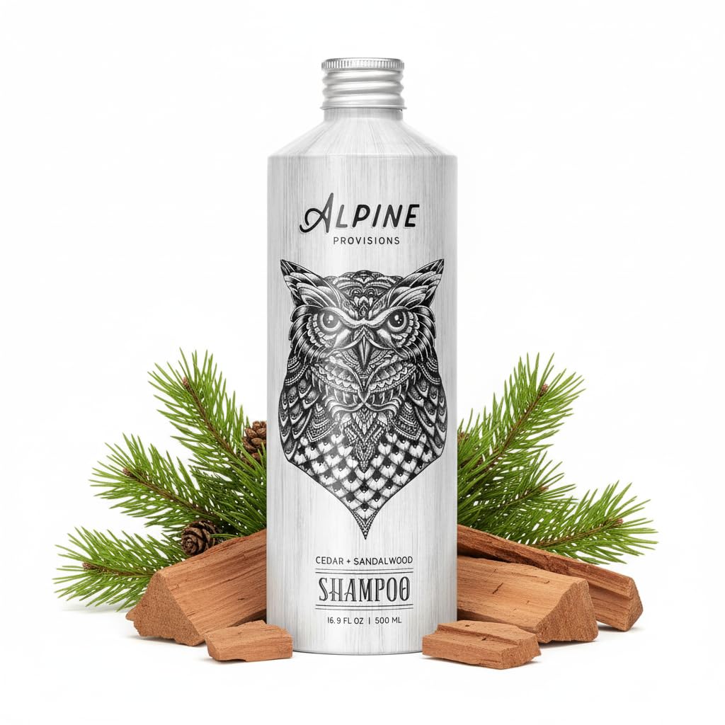 Alpine Provisions champú con cedro y sándalo en botella, aroma calmante para uso diario.