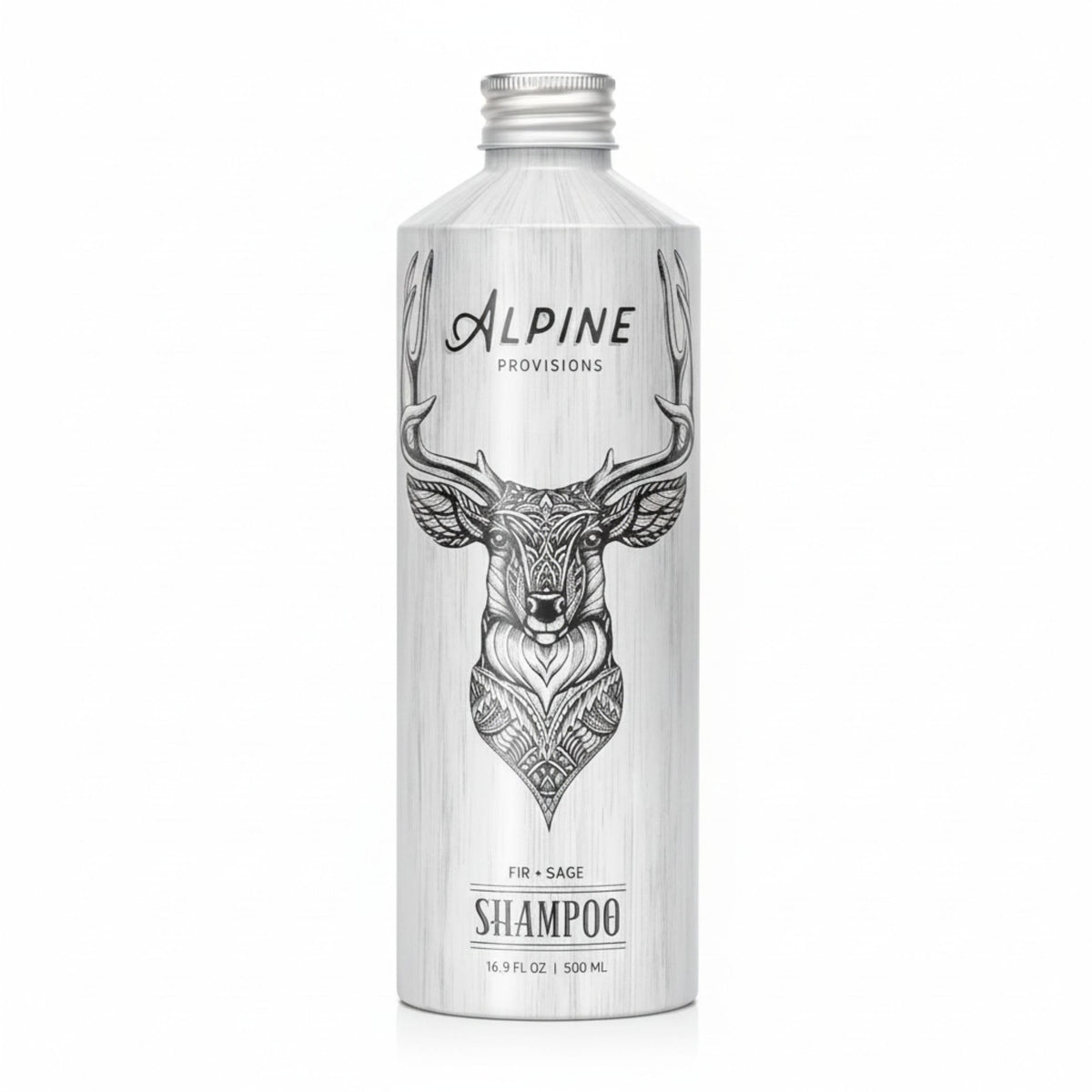 Alpine Provisions Shampoo natural con abeto y salvia en botella, hidratación duradera.