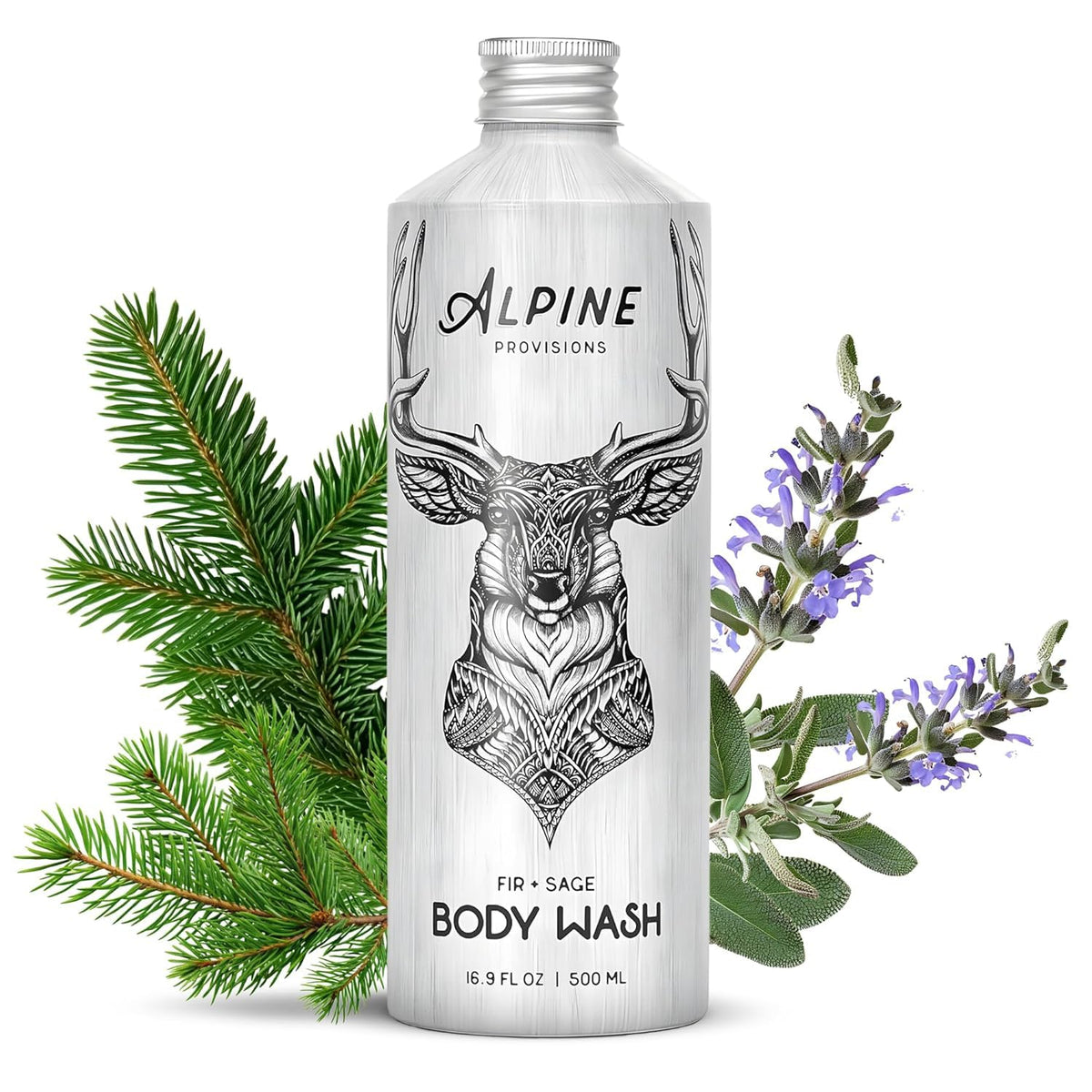 Alpine Provisions: vertido-botella-pino-salvia, experiencia de limpieza suave y revitalizante.