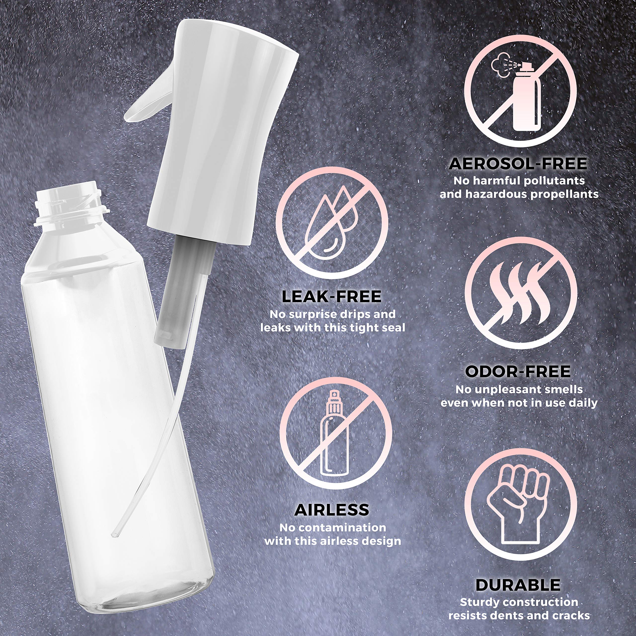 Alpree airless spray bottle delivers leak-proof, propellant-free mist.